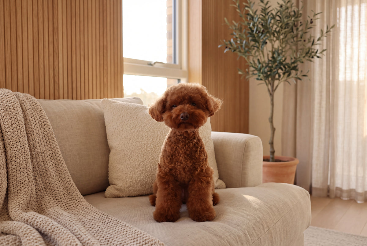 Luna on a cream armchair beside a sunlit window